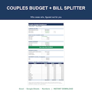 May include: A digital budget and bill splitter spreadsheet template for couples. The dashboard displays sections for combined income, shared expenses, savings goals, and monthly income versus spending, with text reading COUPLES BUDGET + BILL SPLITTER.
