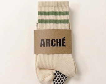 Arché Vintage Striped Women Crew Grip Socks | Minimalist Pilates Barre Yoga Lagree Ballet Beige Green NonSlip Grippy Socks