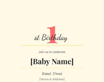 First Birthday Invitation Template Editable, 1st Birthday Party Invite Printable Digital