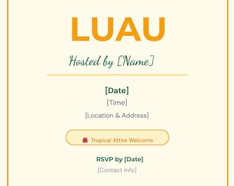 Sjabloon Luau-feestuitnodiging bewerkbaar, tropische Hawaiiaanse zomerfeestuitnodiging afdrukbaar