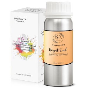 May include: A silver fragrance oil bottle with a white cap and a matching box. The bottle label reads "Royal Oud" and "Inspired by Oud Wood." The box and bottle are labeled "Scent Aura IV Fragrance Oil." The net weight is 100 ml / 3.38 fl oz.