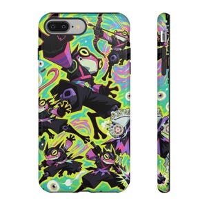 May include: A smartphone case featuring a vibrant, psychedelic illustration of multiple anthropomorphic frogs dressed as ninjas. The design uses a bright neon green, purple, and pink colour palette with swirling patterns and floating eyeballs.