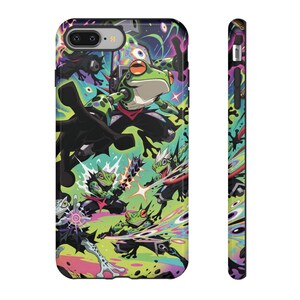 May include: A smartphone case featuring a vibrant, psychedelic illustration of multiple green frog warriors in action poses. The design includes bright neon colours, swirling patterns, and a large eye motif, set against a dynamic, multi-coloured background.