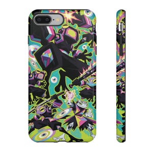 May include: A smartphone case featuring a vibrant, multi-coloured graphic illustration of several stylised frog-like characters in dynamic poses. The design incorporates bright neon green, pink, blue, and black colours with geometric patterns.