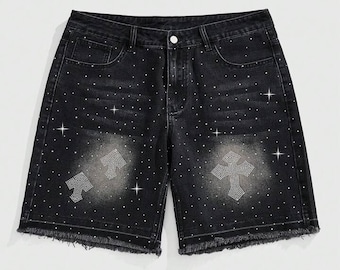 Pantalones cortos vaqueros con pedrería para hombre / Pantalones cortos de estilo urbano brillante estilo Y2K / Pantalones cortos vaqueros con brillo estilo hip hop / Conjunto de verano para fiestas y festivales para hombre