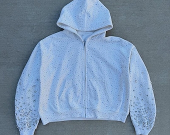 Completo felpa con cappuccio e zip con strass bianchi, tuta sportiva con cristalli scintillanti, outfit streetwear Y2K scintillante