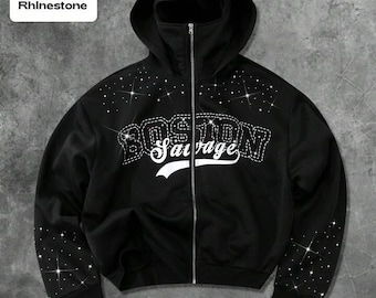 Black Rhinestone Full Zip Hoodie, Y2K Face Cover Zip Up Hoodie, Sparkly Streetwear Hoodie for Men Women, Bling Hoodie Jacket