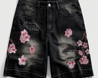Men’s Black Denim Shorts with Floral Embroidery | Knee Length Streetwear Shorts | Distressed Summer Casual Shorts
