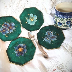 Handmade Resin Coaster Set | Petrol Blue Botanical Coasters | Floral Home Decor | Housewarming Gift | Set of 4