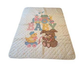 Trapunta per neonati vintage fatta a mano con punto croce, colori pastello, stile cottagecore, 33x42