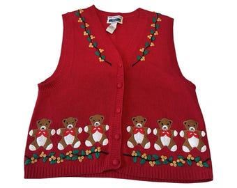 Chaleco cárdigan bordado a mano con osito de peluche rojo de Bryn Connelly para mujer, talla pequeña PM