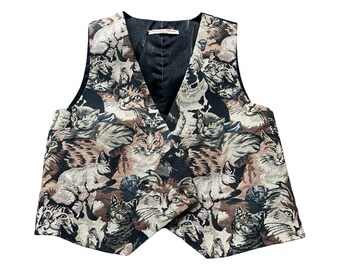 June Taylor Collection Vintage kattentapijtvest geweven katachtige zilveren kattenknopen