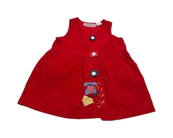Vestido de punto rojo de pana estilo vintage para niña pequeña (talla 3T) con aplique de teléfono de los años 90.