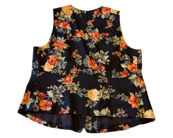 Chaleco floral vintage de los 90 de JH Collectibles, lino azul marino, rayón, estampado de rosas, peplum, talla 14