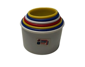 Vasos apilables y encajables Vintage Ambi Toys, colores primarios, fabricados en Holanda, juego de 8 piezas