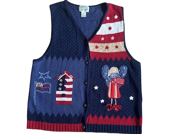 Chaleco de punto patriótico americano Quacker Factory para mujer, talla grande, azul y rojo.