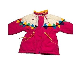 Chaqueta acolchada infantil Vintage Honors rosa con bloques de color, estilo años 90, diseño geométrico, talla M (7-8).