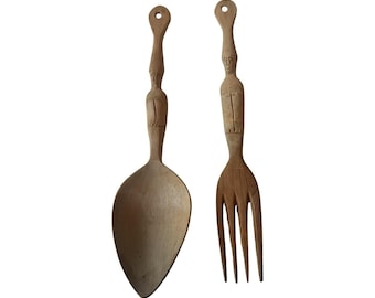 Vintage handgesneden houten tiki-totem lepel vork set volkskunst decor MCM