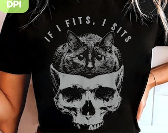 Si encajo, me siento PNG / Diseño de calavera de gato gótico / Descarga digital divertida para amantes de los gatos / Sublimación de meme de gato negro espeluznante
