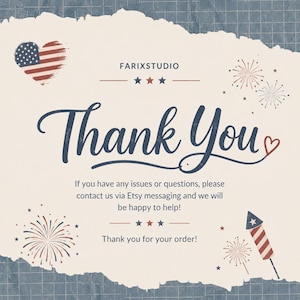 以下が含まれることがあります： アメリカ国旗のハート、花火、筆記体の「Thank You」が特徴のサンキューカードのデザイン。画像には「FARIXSTUDIO」の文字と、顧客への感謝のメッセージも含まれています。