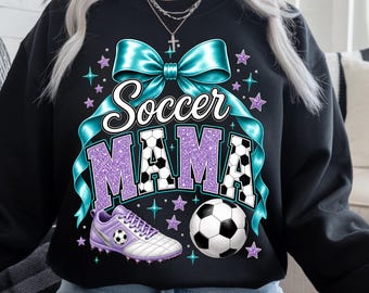 Soccer Mama Png, Glitter Soccer Mom Png, Teal Purple Soccer Bow Png, Sparkle Sports Mom Sublimation Design