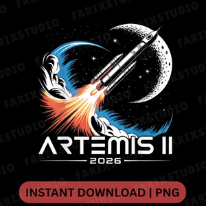 Artemis II 2026 Rocket Launch png, Moon Mission Space Graphic, NASA Inspired Design, Retro Rocket Art, Space Travel png Download