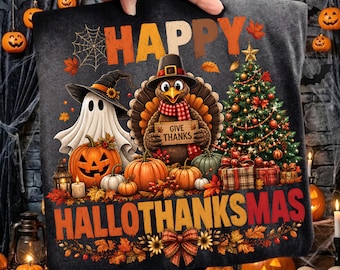 Hallothanksmas Png, Halloween Thanksgiving Christmas Png, Retro Fall Holiday Png, Ghost Turkey Pumpkin Sublimation Design