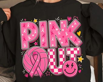 Pink Out Volleyball Png, Breast Cancer Awareness Png, Pink Ribbon Checkered Smiley Png, Trendy Game Day Sublimation Design