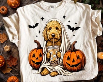 Goldendoodle Ghost Png, Cute Dog Halloween Png, Boba Tea Ghost Png, Funny Dog Costume Png, Halloween Dog Lover Png