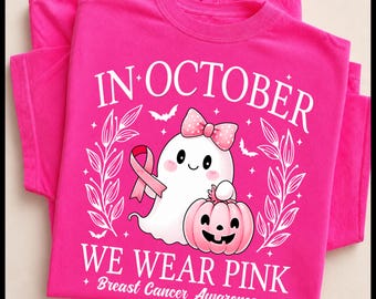 Breast Cancer Awareness Png, In October We Wear Pink Png, Halloween Ghost Pumpkin Png, Pink Ribbon Png, Cute Ghost Png, Women Halloween Png