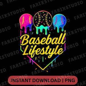 May include: A graphic design featuring three baseballs with colorful, dripping paint effects. The text "Baseball Lifestyle" is in a yellow, outlined font, set against a black background. The words "Instant Download | PNG" are at the bottom.