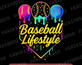 PNG de goteo de béisbol neón, diseño de estilo de vida de béisbol, PNG de béisbol colorido, arte de goteo de béisbol juvenil, descarga digital de sublimación deportiva genial