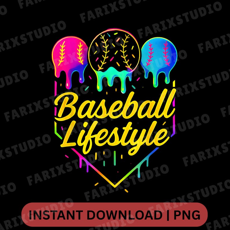 May include: A graphic design featuring three baseballs with colorful, dripping paint effects. The text "Baseball Lifestyle" is in a yellow, outlined font, set against a black background. The words "Instant Download | PNG" are at the bottom.