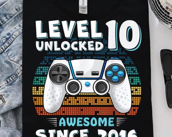 Level 10 Unlocked Png, 10th Birthday Boy Png, Gamer Birthday Shirt Png, Awesome Since 2016 Png, Video Game Controller Png
