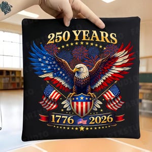May include: Black square pillow featuring a patriotic design with an eagle, American flags, and fireworks. The text reads "250 YEARS 1776-2026". The eagle has blue, red, and white wings. The pillow is held by a hand.