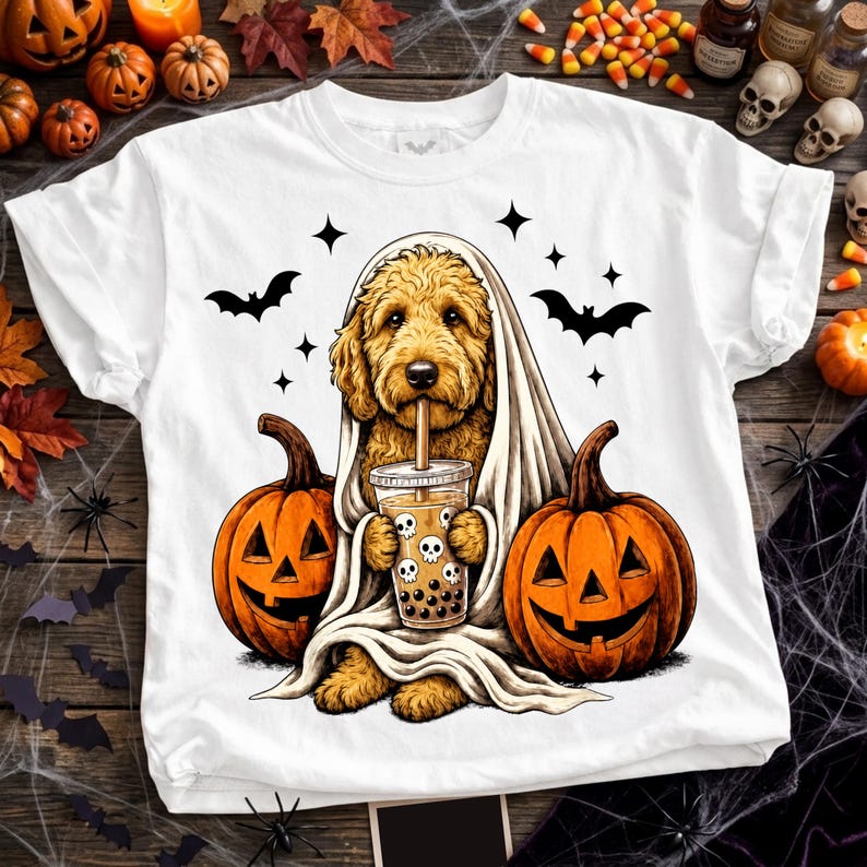 May include: A white t-shirt featuring a graphic of a golden-colored dog draped in a white sheet like a ghost. The dog holds a clear cup of bubble tea with skull icons, flanked by two orange jack-o'-lanterns and black bat silhouettes.