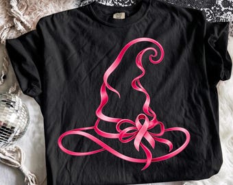 Pink Ribbon Witch Hat Png, Breast Cancer Halloween Png, Witch Hat Ribbon Png, Pink Bow Witch Png, October Halloween Cancer Png