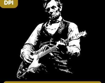 Abe Lincoln Rock Guitar PNG, Arte Musical Histórico PNG, Diseño de Guitarrista Vintage, Decoración de Aula de Profesor PNG, Sublimación de Arte Lineal Retro
