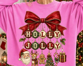 Holly Jolly Png, Vintage Christmas Ornament Bow Png, Plaid Christmas Charms Png, Retro Santa Holiday Sublimation Design