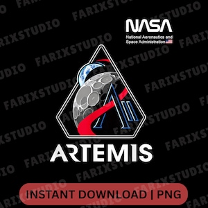 Può includere: Sfondo nero con il logo della NASA e la parola "ARTEMIS" in bianco. Il logo Artemis presenta un triangolo con una "A" stilizzata e una rappresentazione della luna e della Terra. Il testo "INSTANT DOWNLOAD | PNG" è in basso.