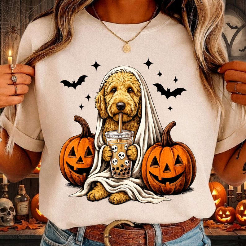 May include: A cream-colored t-shirt featuring a graphic of a golden-colored dog draped in a white sheet like a ghost, holding a bubble tea cup with skull designs. The dog is flanked by two orange jack-o'-lanterns and surrounded by black bats.