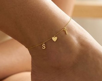 Anfangsherz-Fußkettchen, solide Gold 8K 14K 18K Buchstabenkette, personalisierte Sommergeschenk