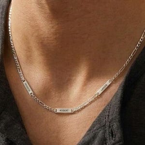 Mens Figaro Chain Necklace 2.8mm, Sterling Silver Custom 1-3 Name Bar