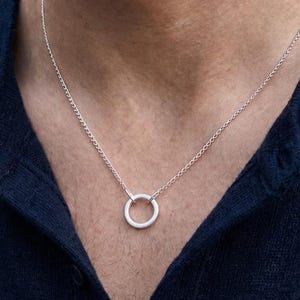 Mens Name Ring Necklace, Sterling Silver Engraved Circle Pendant, Curb Chain