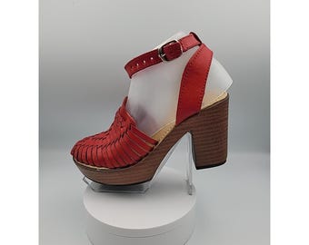 New-Women's Platform High Heel Square Toe Ankle Strap Heeled Sandals- Leather US Size 8