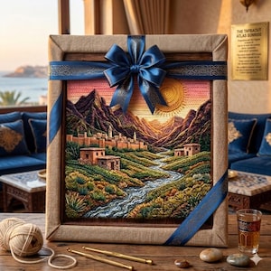 Peut inclure: Une tapisserie encadrée représentant un paysage de village de montagne, ornée d'un ruban et d'un nœud bleu marine. L'œuvre d'art représente une rivière serpentant à travers une vallée, avec un coucher de soleil en arrière-plan. Des crochets et de la laine sont visibles.
