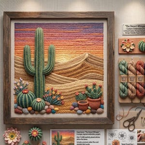 May include: A framed embroidery kit featuring a desert landscape with cacti, dunes, and a sunset. The kit includes colored threads, a design transfer paper, and a stitch guide. The text on the frame reads "The Desert Whisper".