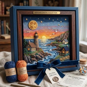 Peut inclure: Une scène côtière encadrée avec un phare, des maisons et des vagues de l'océan, sur fond de coucher de soleil. L'œuvre est dans un cadre bleu avec un cadre intérieur en bois. Comprend du fil bleu et orange, un ruban bleu et une étiquette "For You, with Love."