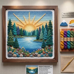 Peut inclure: Une tapisserie encadrée, crochetée à la main, intitulée "The Solar Serenity", représente un paysage avec un soleil, des arbres et un lac. L'œuvre est dans un cadre en bois. Des pièces de crochet supplémentaires, du fil et un crochet sont également visibles.