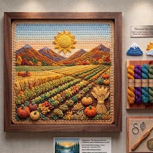 Peut inclure: Une tapisserie encadrée, crochetée à la main, intitulée "Harvest Horizon", représente un paysage automnal vibrant. L'œuvre présente un champ de citrouilles, de blé et des collines sous un ciel ensoleillé, le tout réalisé avec du fil coloré.